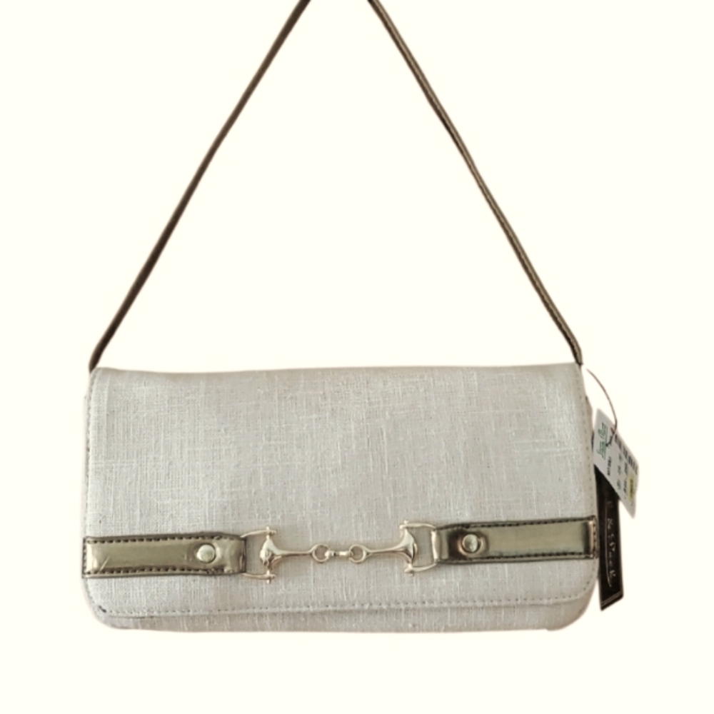 Peck & Peck Elegant Cream Linen Look Shoulder Bag With Copper Gold Accents